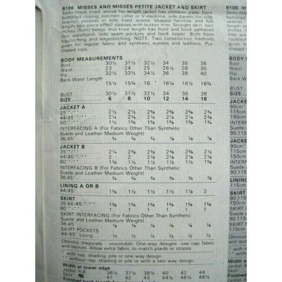 Sewing Pattern Vogue 8106 Misses Jacket & Skirt Size 12 (Bust 34) Vintage Uncut - Picture 3 of 7